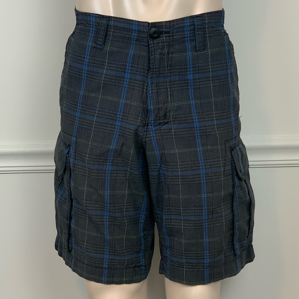 Blue and Black Cargo Shorts with Plaid Pattern